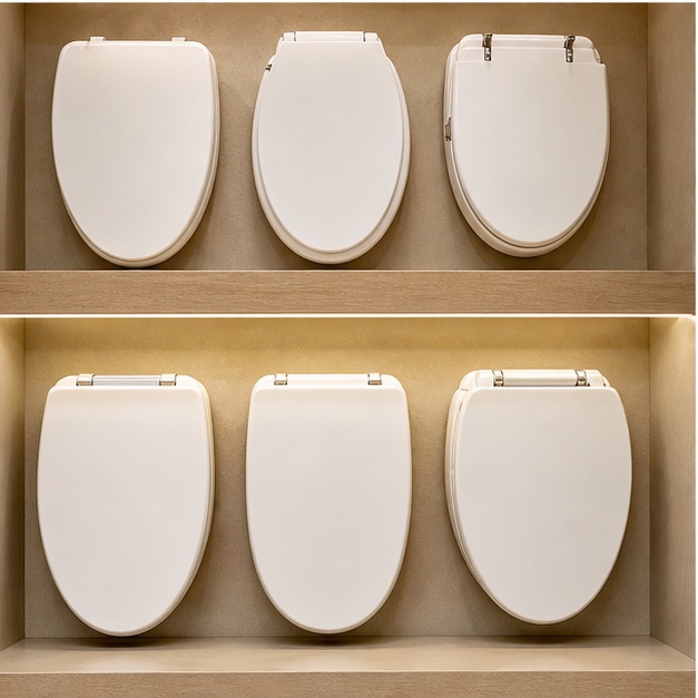 Representative display of toilet seat designs for home bathrooms