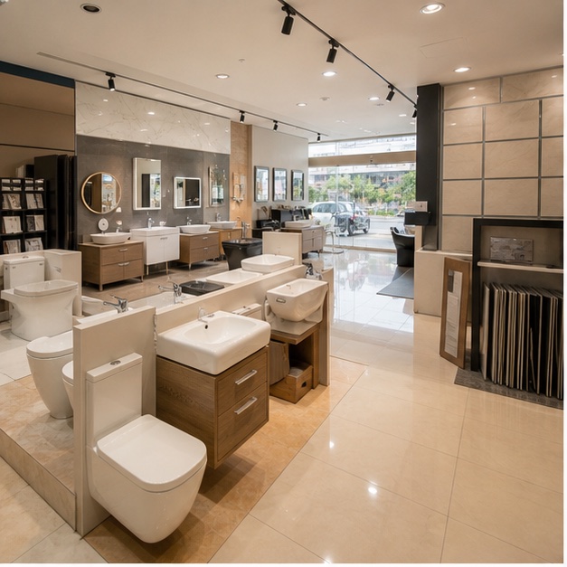 Representative showroom interior with sanitaryware and bathroom displays
